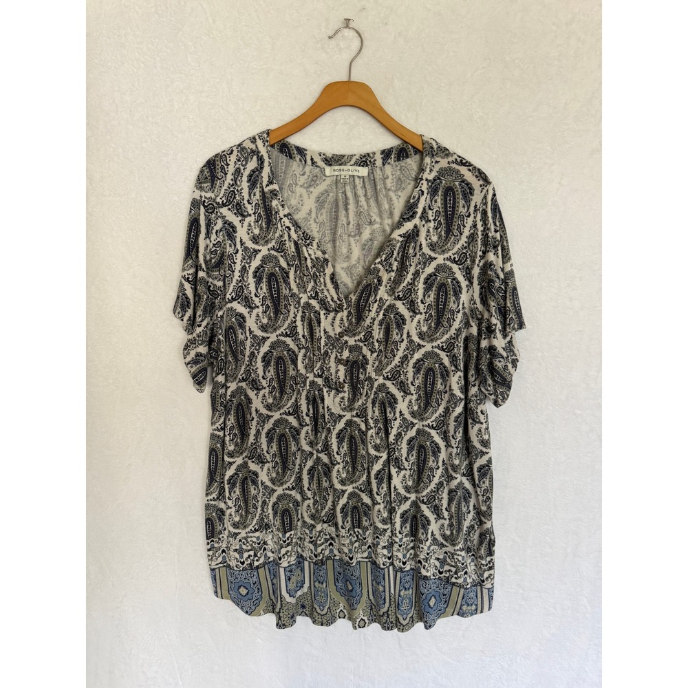 Rose + Olive Paisley Henley Blouse Womens Boho Peasant Top Blue Multi 1X